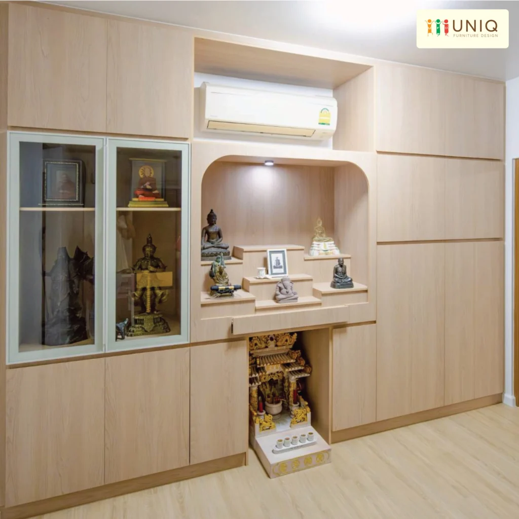 บิ้วอินบ้าน ตู้หิ้งพระพร้อมตู้เก็บของคุณแซกคุณเกด